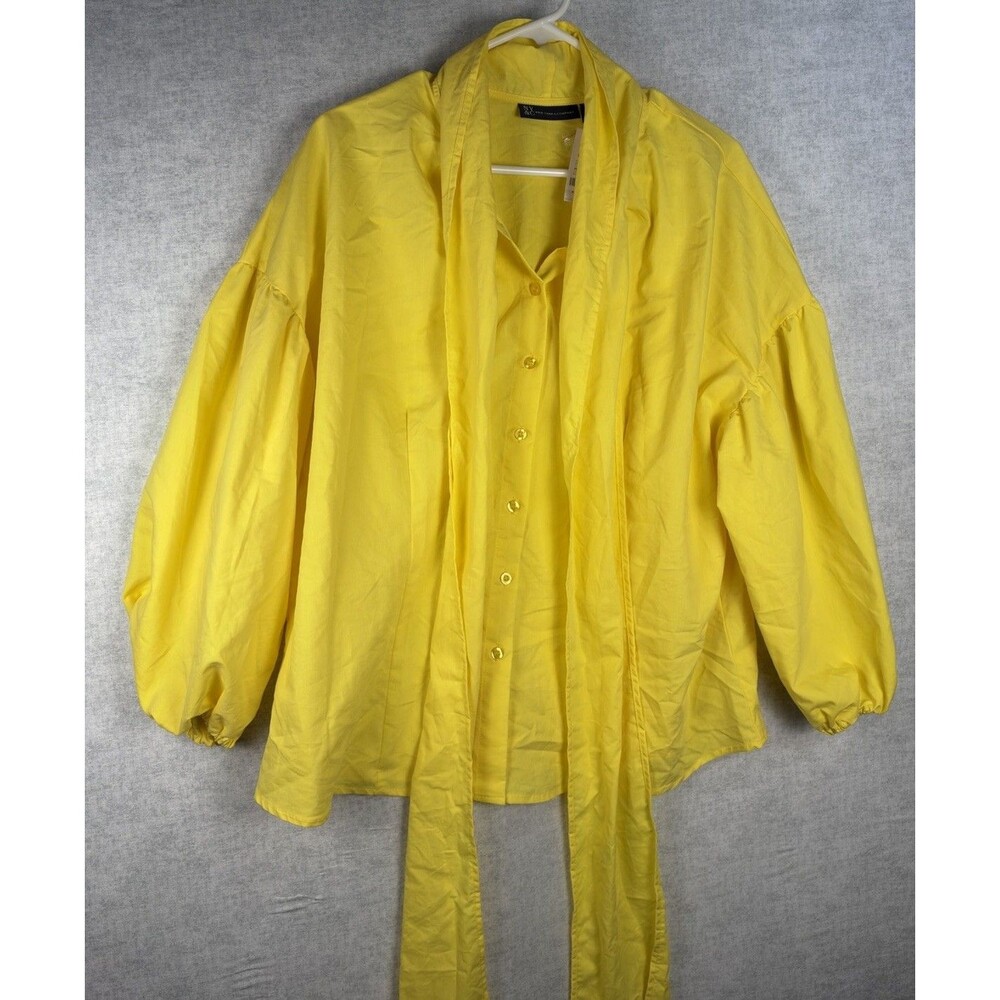 NWT NY & Co Women's XXL Yellow Button Up Long Sleeve Blouse Puff Sleeve Neck Tie